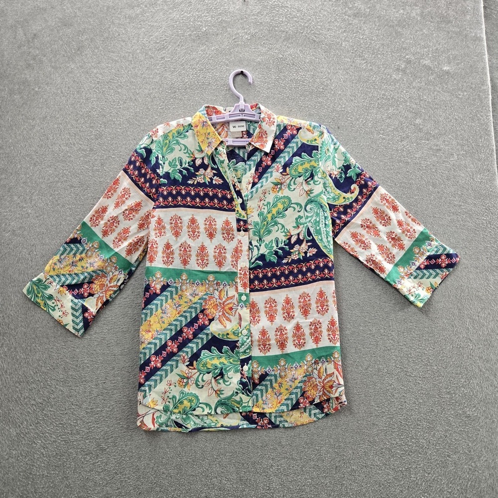 Chico's Women Button Up Shirt 8 Multicolor Linen Floral Patchwork Artsy Office